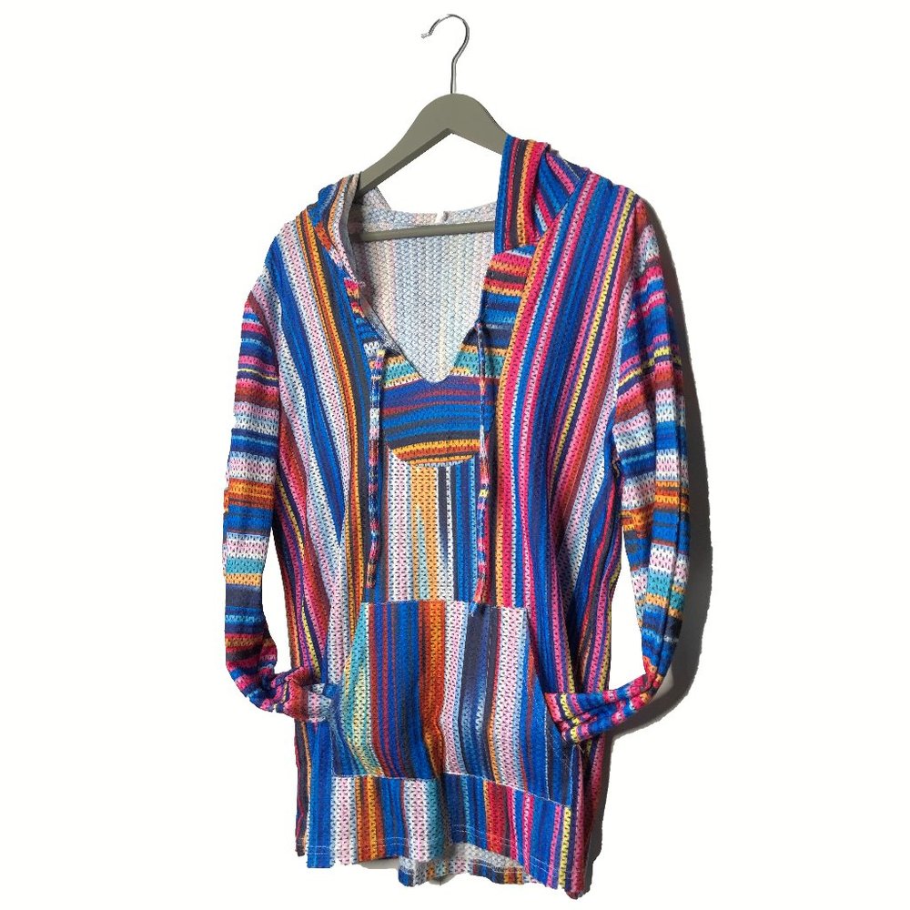 Baja Poncho Pattern Hoodie with Rainbow Stripes